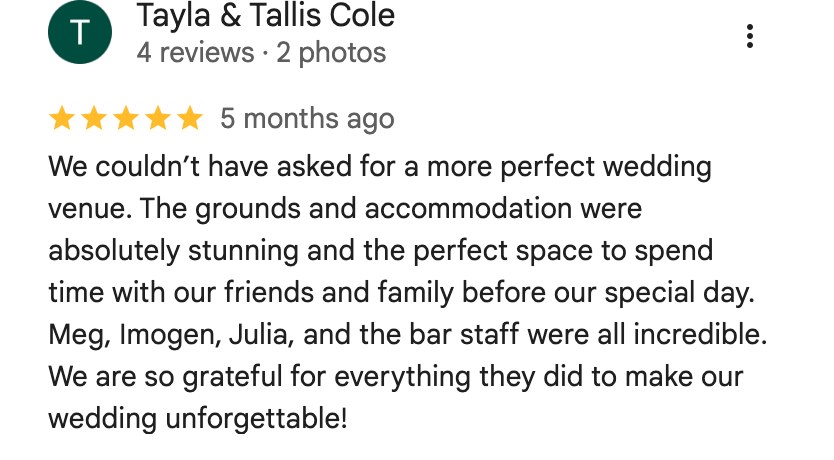 Five-star Google review from Tayla and Tallis Cole