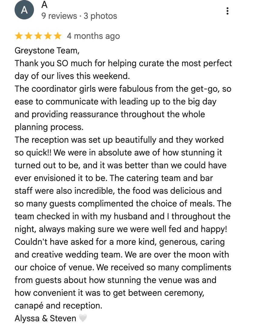Five-star Google review from A